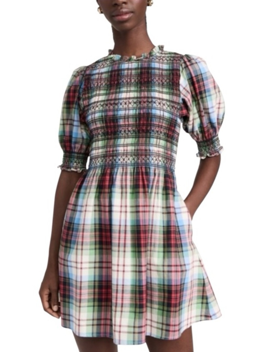Hill House Home The Vivi Nap Dress Tartan Plaid Smocked Puff Sleeve Mini Dress